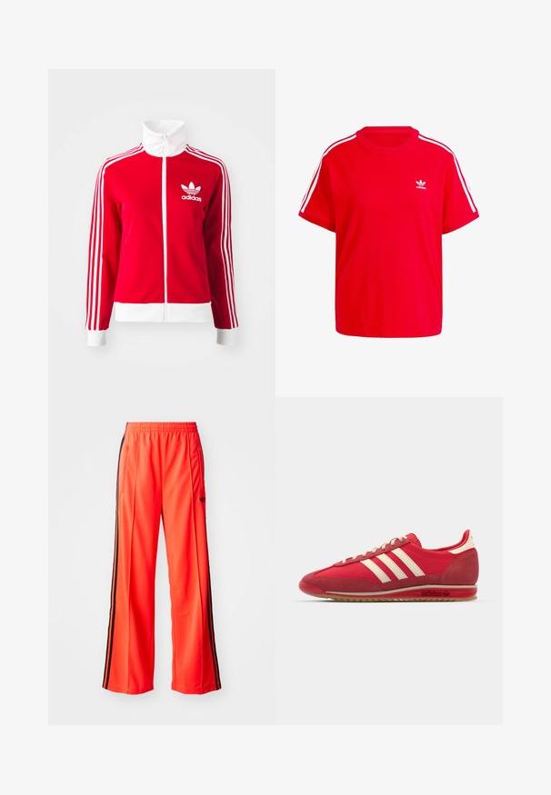 Sarkans zip-up sporta džemperis, izgatavots no gludas materiāla. Tam ir balti akcenti un trīs baltas svītras gar piedurknēm. Adidas logo ir redzams.; Sarkans kokvilnas T-krekls ar apaļu kakla izgriezumu, īsām piedurknēm, baltām trīs svītrām plecos un mazu baltu logotipu uz krūtīm.; Spožās oranžās sporta bikses ar plašu kāju dizainu, ar melnām sānu svītrām un elastīgu jostu. Ietver kabatu ar rāvējslēdzēju.; Sarkans sporta apavu modelis ar teksturētu augšdaļu, trim baltām sliedēm, apaļu purngalu un gumijas zoli, ar logo detaļām sānos.