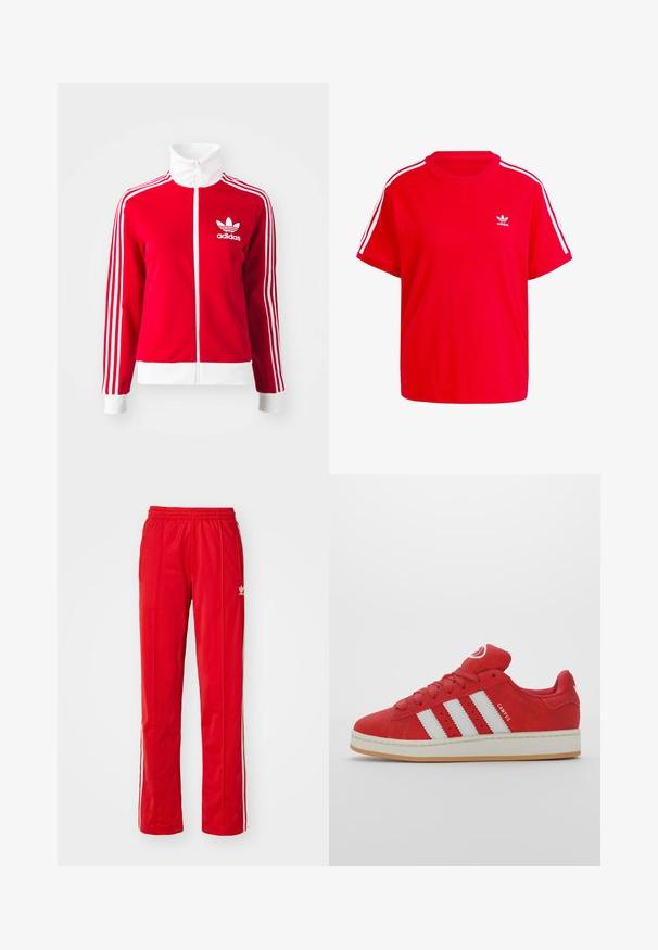 Rote Kapuzenjacke aus glattem Material mit Reißverschluss. Verfügt über weiße Akzente und drei weiße Streifenmuster entlang der Ärmel. Adidas-Logo sichtbar.; Rotes Baumwoll-T-Shirt mit rundem Ausschnitt, kurzen Ärmeln, weißen drei Streifen Akzenten an den Schultern und einem kleinen weißen Logo auf der Brust.; Rote Trainingshosen mit elastischem Bund, seitlichen Taschen und weißen Seitestreifen. Aus leichtem, glattem Stoff gefertigt. Mit Logodetails versehen.; Rote Wildleder-Sneaker mit drei weißen Streifen, Gummisohle, abgerundeter Zehe und gepolstertem Zungenbereich, versehen mit dem Detail "CAMPUS" an der Seite.