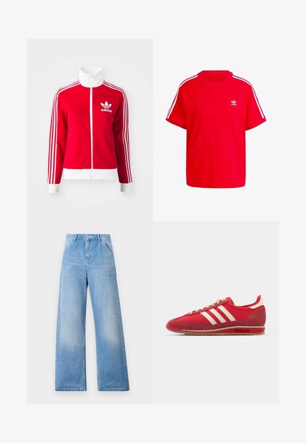 Červená zipová tréningová bunda vyrobená z hladkého materiálu. Má biele akcenty a tri biele pruhy na rukávoch. Zobrazené logo Adidas.; Červené bavlnené tričko s okrúhlym výstrihom, krátkymi rukávmi, bielymi trojprúžkovými akcentmi na pleciach a malým bielym logom na hrudi.; Svetlomodré denimové nohavice s širokými nohavicami a vysokým pásom, s dvoma prednými vreckami a zapínaním na gombík. Čistý vzhľad s minimálnym vyblednutím.; Červená športová teniska s textúrovaným zvrškom, tromi bielymi pruhmi, okrúhlou špičkou a gumovou podrážkou s logom na strane.