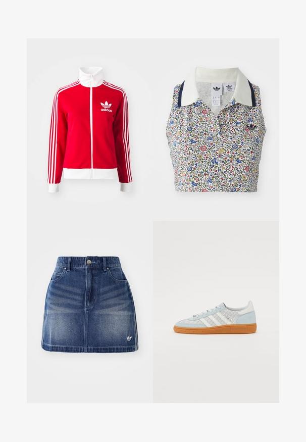 Raudona zip-up trenerių striukė, pagaminta iš lygaus medžiagos. Įkomponuoti balti akcentai ir trys balti dryželiai palei rankoves. Adidas logotipas.; Gėlių trumpas viršus su baltu pagrindu ir mėlynomis, raudonomis bei geltonomis gėlėmis. Apima baltą apykaklę su tamsiai mėlynais akcentais ir siuvinėtą logotipą.; Džinsinė sijonas vidutinės mėlynos spalvos su šiek tiek išblukusia priekiu. Apima penkis kišenes, užsegimą mygtuku ir mažą baltą logotipą ant apvado.; Šviesiai mėlyni sportbačiai, pagaminti iš tinklo ir zomšos medžiagų. Yra trys baltos juostos, guminis padas ir siuvinėtas prekinis ženklas šone.