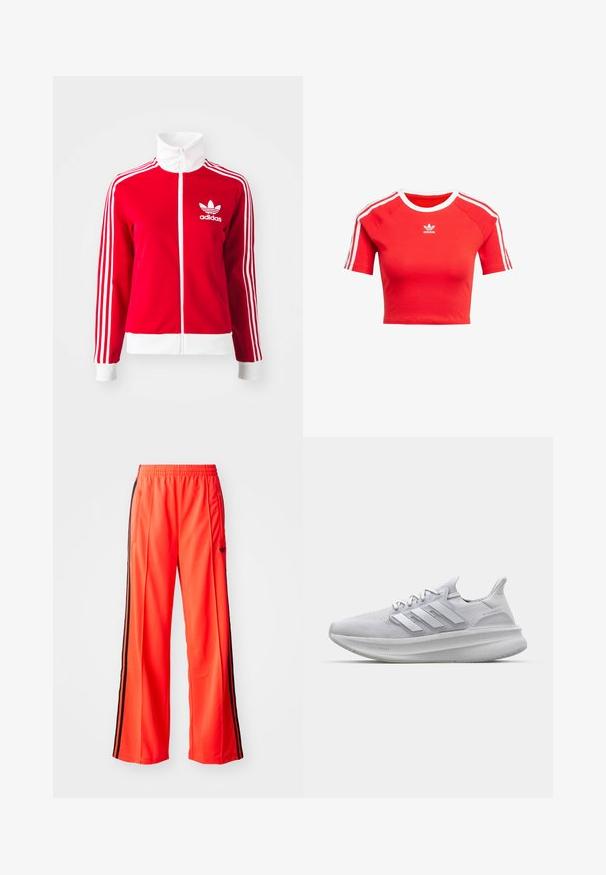 Crvena zip-up jakna za trening napravljena od glatkog materijala. Sadrži bijele akcentne detalje i tri bijele pruge duž rukava. Prikazan Adidas logotip.; Crvena skraćena majica od pamuka, s kratkim rukavima s bijelim prugama i bijelim ovratnikom, te ima bijeli Adidas logotip sprijeda.; Svijetlosmeđi sportski hlače širokih nogavica, s crnim bočnim trakama i elastičnom postavom za struk. Uključuje džep s patentnim zatvaračem.; Bijela atletska tenisica s teksturiranim mrežastim gornjim dijelom, trodimenzionalnim bočnim trakama i debelim potplatom označenim 'LIGHT BOOST.'
