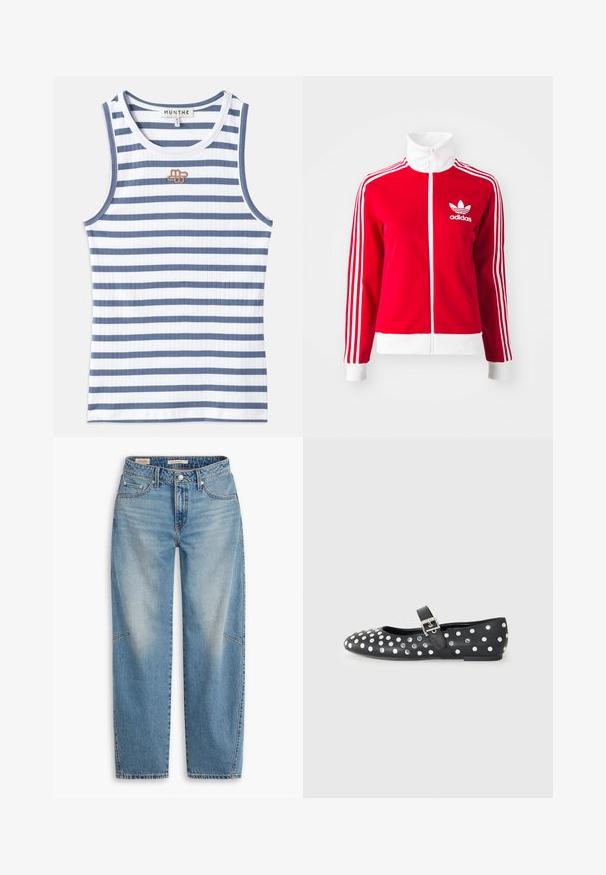 Chaqueta de chándal roja con cremallera, hecha de un material suave. Presenta acentos blancos y tres diseños de rayas blancas a lo largo de las mangas. Logo de Adidas en exhibición.; Camiseta de tirantes a rayas que presenta un tejido de ribete azul y blanco alterno. El diseño incluye un pequeño logo marrón en el pecho y un ribete azul en el escote.; Jeans de mezclilla azul claro con un ajuste holgado, diseño de pierna recta, bragueta de botones y estilo de cinco bolsillos, con sutiles detalles de desteñido y costuras.; Zapato plano de cuero negro con punta redonda, decorado con tachuelas plateadas en un patrón de puntos y una correa con hebilla en el empeine.