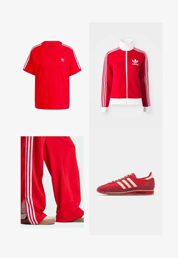 Punane tõmblukuga spordijakk, mis on valmistatud siledast materjalist. Omab valgeid aktsente ja kolme valget triipu disaini varrukatel. Adidas logo on väljas.; Punane puuvillane T-särk ümmarguse kaelusega, lühikeste varrukatega, valged kolmestriibulised aktsendid õlgadel ja väike valge logo rinnal.; Punased treeningpüksid valgete triipudega külgedel, lahtise lõikega ja tõmblukk detailiga allservas. Seljas heledates toonides spordijalatsid.; Punane sportlikki king, millel on tekstuuriga ülemine osa, kolm valget triipu, ümmargune varvas ja kummist tallaga, millel on logo detailid küljel.