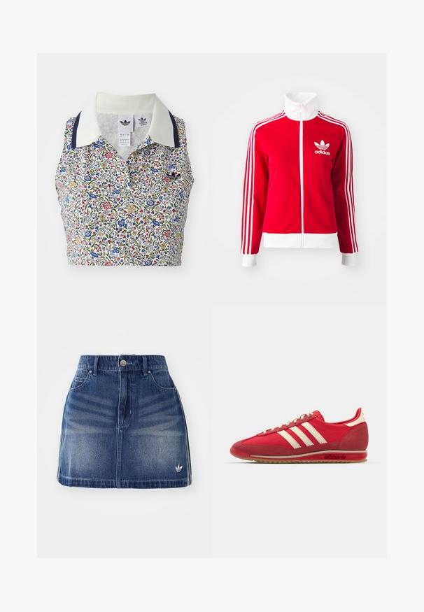 Vörös zipzáras sportdzseki sima anyagból. Fehér kiegészítők és három fehér csíkos mintázat található a hüvelyeken. Az Adidas logó látható.; Virágmintás crop top, amely tiszta fehér alappal rendelkezik, kék, piros és sárga virágokkal. Fehér gallérral és tengerészkék díszítéssel készült, valamint hímzett logóval ellátott.; Középkék farmer szoknya enyhén elhalványult elülső résszel. Öt zsebbel, gombos záródással és egy kis fehér logóval rendelkezik az alján.; Piros sportcipő, textúrált felsőrésszel, három fehér csíkkal, kerek orrrészel és gumitalppal, oldalsó logóval.