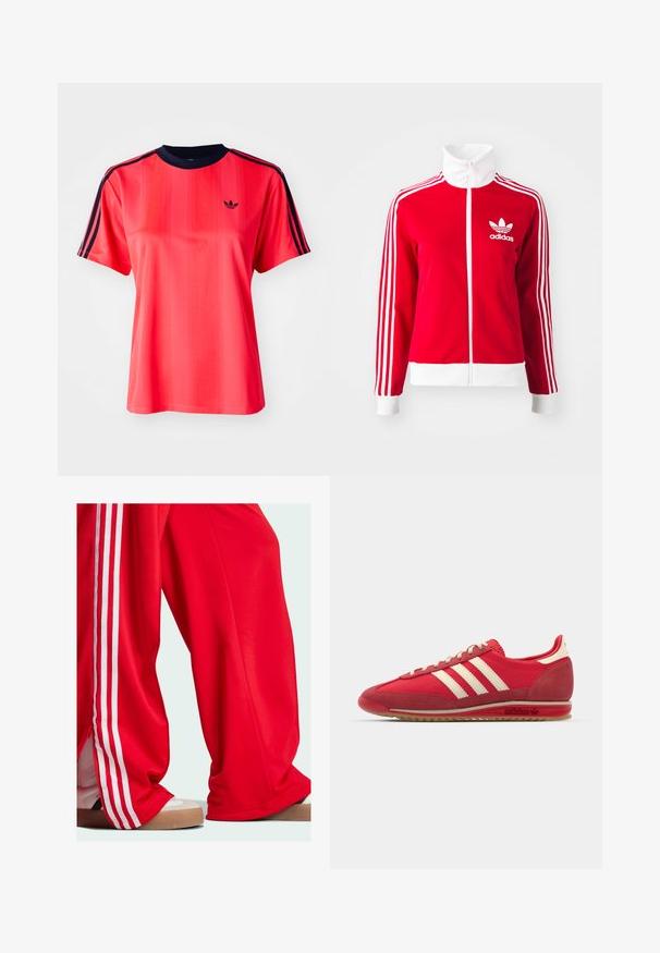 Sarkans zip-up sporta džemperis, izgatavots no gludas materiāla. Tam ir balti akcenti un trīs baltas svītras gar piedurknēm. Adidas logo ir redzams.; Sarkans sporta krekls ar īsām piedurknēm, ar vertikālām svītrām, tumši zila apaļa kakla izgriezuma un nelielu melnu logo priekšpusē.; Sarkani sporta bikses ar baltām svītrām pa sāniem, kas izceļas ar brīvu piegriezumu un rāvējslēdzēja detaļu apakšmalā. Kopā ar gaišas krāsas sporta apaviem.; Sarkans sporta apavu modelis ar teksturētu augšdaļu, trim baltām sliedēm, apaļu purngalu un gumijas zoli, ar logo detaļām sānos.
