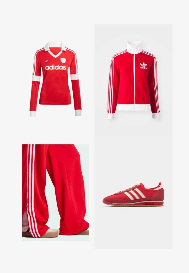 Casaco de pista vermelho, com fecho éclair, feito de material suave. Apresenta detalhes brancos e três riscas brancas ao longo das mangas. Logótipo da Adidas em destaque.; Camisa de futebol de manga longa vermelha com colarinho e punhos brancos. Apresenta três riscas brancas nos ombros e o logo "adidas" em destaque.; Calças de treino vermelhas com riscas brancas nas laterais, apresentando um corte largo e detalhe com fecho na bainha. Usadas com sapatilhas de tom claro.; Sapatilha atlética vermelha com parte superior texturizada, três riscas brancas, bico redondo e sola de borracha com detalhes do logotipo na lateral.