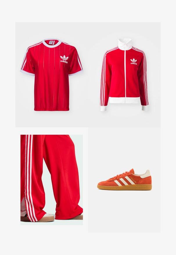 Red zip-up track jacket made of smooth material. Features white accents and three white stripe designs along the sleeves. Adidas logo displayed.; adidas Originals 3 S TEE - Print T-shirt - better scarlet; Red track pants with white stripes along the sides, featuring a loose fit and zipper detail at the hem. Worn with light-colored athletic shoes.; Orange suede sneaker with white leather accents, featuring three white stripes and a gum rubber sole. "Spezial" logo on tongue.