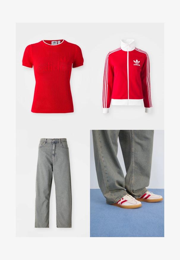 Rød jakke med glidelås laget av glatt materiale. Har hvite detaljer og tre hvite striper langs ermene. Adidas-logoen er vist.; Rød mesh t-skjorte med korte ermer, med rund hals og kontrasterende hvit kant. Midt foran står det et logo som sier "adidas" i teksturert mønster.; Lys grå denimjeans med rett bendesign, med knappelukking foran, fem lommer og subtil falming.; Hvite sneakers med røde striper, teksturert lerrets-overdel, rund tå, flat gummisåle, parret med løse, falmede blå denim-bukser.