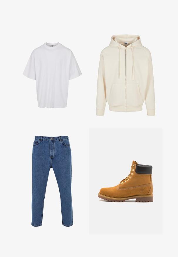 Kerman huppari vetoketjulla edessä, nyöritettävä huppu, etutaskut ja ribbaatut hihansuut. Silkkinen kangas ja rento muotoilu.; Valkoinen puuvillapaita, jossa on pyöreä kaula-aukko ja lyhyet hihat, sekä löysä malli ja hienovaraiset ompeluyksityiskohdat.; Sininen farkkutakki, suora lahkeiden muotoilu, korkea vyötärö, viiden taskun malli ja erottuvat ompeluyksityiskohdat.; Valkoinen nahkainen nilkkuri mustalla pehmustetulla kauluksella, kultaisilla metallisilla rei'illä, valkoisella ompeluksella ja jykevällä kumipohjalla, jossa on selvästi näkyvät urat.