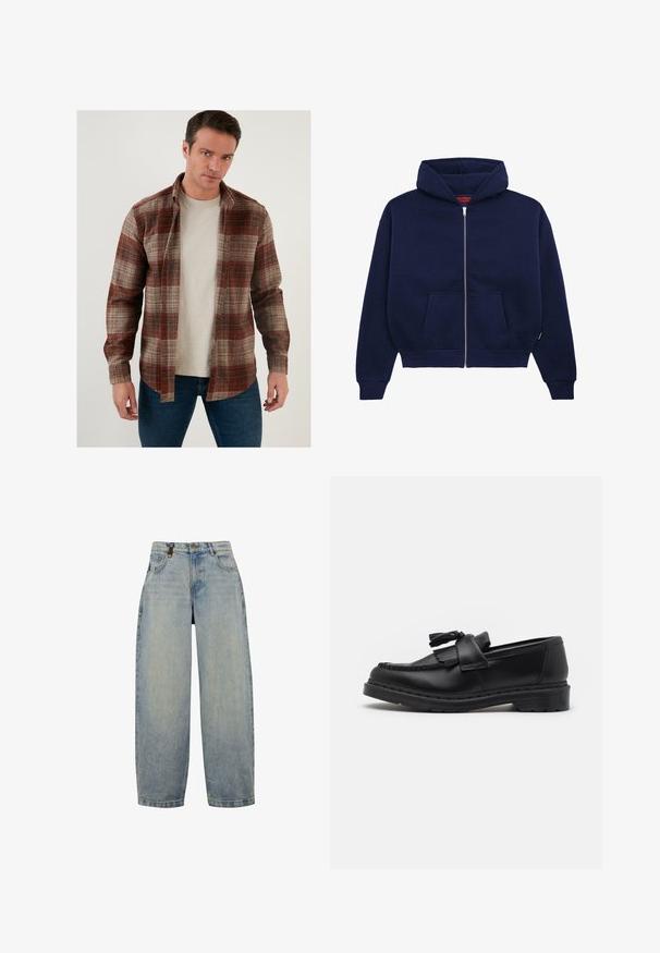 Marineblauwe ritsshirt hoodie van een zachte katoenmix. Voorzien van een voorste kangaroo-pocket, ribgebreide manchetten en een ruime capuchon.; Geruite flanellen overhemd in rood, bruin en beige tinten met knoopsluiting aan de voorkant en lange mouwen, gedragen over een lichtgrijs t-shirt.; Lichtblauwe denim jeans met een ontspannen pasvorm, voorzien van een hoge taille, wijde pijpen, een klassiek vijf-pocket ontwerp en metalen hardware accenten.; Zwarte leren instapper met een franjesaccent, gestikte details langs de rand en een dikke rubberen zool voor duurzaamheid.