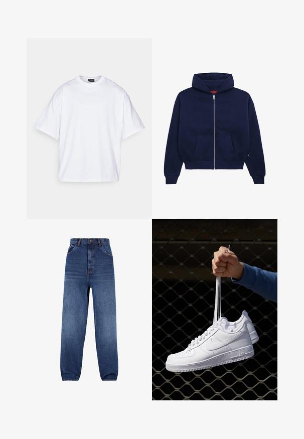 Tamsiai mėlynas užtrauktukas megztinis, pagamintas iš minkštos medvilnės mišinio. Turi priekinę kengūros kišenę, elastines rankoves ir erdvų gobtuvą.; Pegador LOGO BOXY TEE - Paprasti marškinėliai - white gum white; Tamsiai mėlynos džinsinės kelnės. Aukšta juosmens linija su laisvu pritaikymu. Yra priekinės kišenės ir subtilus dėvėjimo efektas kojose.; Balti odiniai sportiniai bateliai su perforacijomis, apvalia nosimi, plokščiu padu ir storomis raištelėmis, su matomu swoosh logotipu ir "AIR" ant kulno.