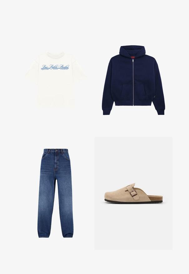 Hanorac bleumarin cu fermoar, fabricat dintr-un amestec de bumbac moale. Dispune de un buzunar frontal tip kangaroo, manșete cu nervuri și o glugă spațioasă.; LOW LIGHTS STUDIOS® NATIONAL - Tricou cu imprimeu - ecru; Jeans din denim de culoare bleumarin închis. Design cu talie înaltă și croială lejeră. Prezintă buzunare frontale și un efect subtil de decolorare pe picioare.; Clog din suede bej cu vârf rotund, curea ajustabilă cu cataramă și talpă din cauciuc texturat. Design minimalist cu un miez din plută.