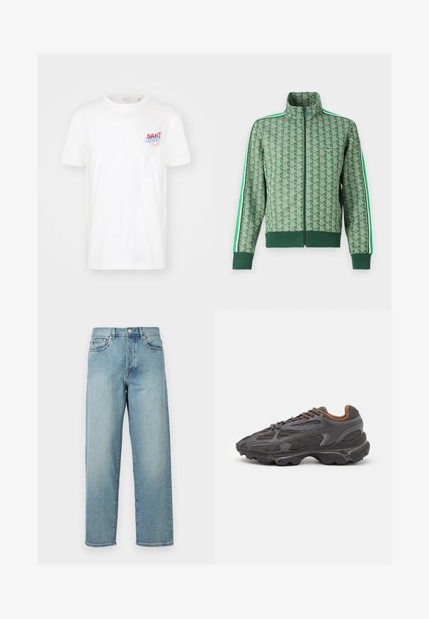 Zielona sportowa kurtka z powtarzającym się geometrycznym wzorem, wysokim kołnierzem, zapięciem na zamek oraz kontrastującymi białymi paskami wzdłuż rękawów.; Biała bawełniana koszulka z krótkim rękawem, okrągłym dekoltem i kolorowym logo "GANT" z niebieskimi i czerwonymi akcentami na piersi.; Jasnoniebieskie dżinsy o luźnym kroju, proste nogawki, pięć kieszeni i zapięcie na guzik w talii. Minimalistyczne detale w szwie.; Sneakers Lacoste w ciemnoszarym kolorze, wykonane z siateczki i materiału syntetycznego, z teksturowaną podeszwą oraz brązowymi akcentami na kołnierzu i logotypie.
