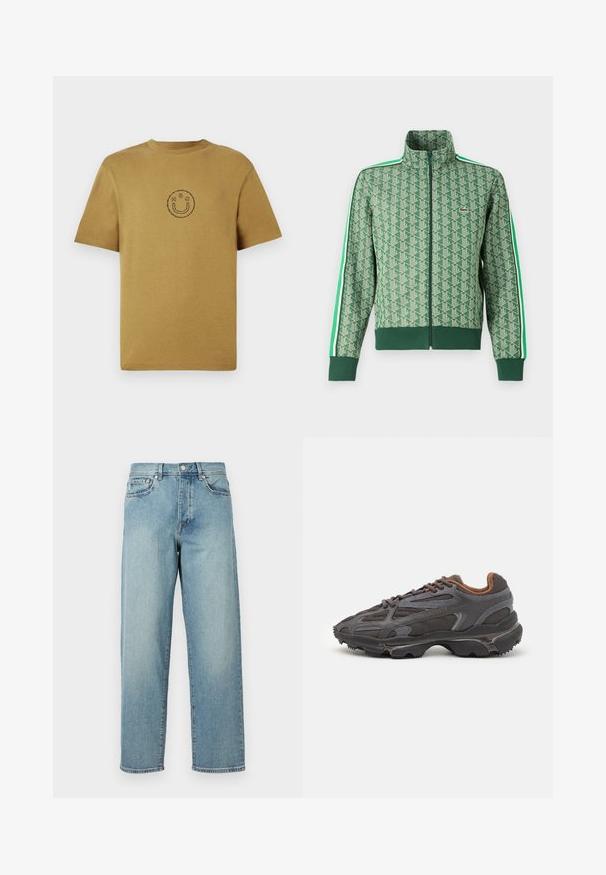 Zielona sportowa kurtka z powtarzającym się geometrycznym wzorem, wysokim kołnierzem, zapięciem na zamek oraz kontrastującymi białymi paskami wzdłuż rękawów.; Koszulka bawełniana w kolorze musztardowym z krótkim rękawem i okrągłym dekoltem. Na środku znajduje się prosty logo uśmiechniętej buźki w kolorze czarnym. Gładka faktura.; Jasnoniebieskie dżinsy o luźnym kroju, proste nogawki, pięć kieszeni i zapięcie na guzik w talii. Minimalistyczne detale w szwie.; Sneakers Lacoste w ciemnoszarym kolorze, wykonane z siateczki i materiału syntetycznego, z teksturowaną podeszwą oraz brązowymi akcentami na kołnierzu i logotypie.