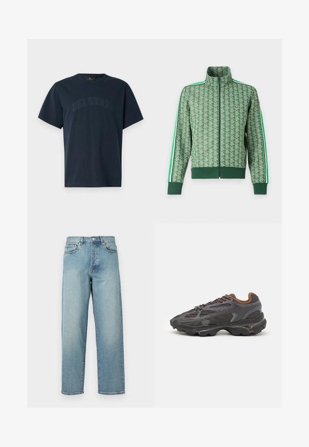 Zelená sportovní bunda se vzorem opakujících se geometrických tvarů, vysokým límcem, zipovým uzávěrem a kontrastními bílými pruhy po stranách rukávů.; Námořnická modrá bavlněná tričko s kulatým výstřihem a krátkými rukávy, s vyšitým nápisem "BELSTAFF" ve stejném odstínu přes hrudník.; Svetle modré džíny s volným střihem, rovnými nohavicemi, designem s pěti kapsami a zapínáním na knoflík v pase. Minimalistické detaily šití.; Sněrovací boty Lacoste v tmavě šedé barvě s síťovinou a syntetickým materiálem, prezentující texturovanou podrážku a hnědé detaily na límci a logu.