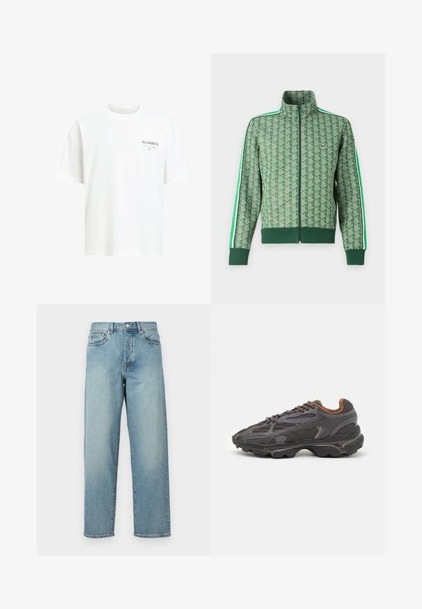 Zelená sportovní bunda se vzorem opakujících se geometrických tvarů, vysokým límcem, zipovým uzávěrem a kontrastními bílými pruhy po stranách rukávů.; Bílá bavlněná tričko s volným střihem, klasickým výstřihem a logem na levé hrudi v šedém písmu. Hladká textura, krátké rukávy.; Svetle modré džíny s volným střihem, rovnými nohavicemi, designem s pěti kapsami a zapínáním na knoflík v pase. Minimalistické detaily šití.; Sněrovací boty Lacoste v tmavě šedé barvě s síťovinou a syntetickým materiálem, prezentující texturovanou podrážku a hnědé detaily na límci a logu.