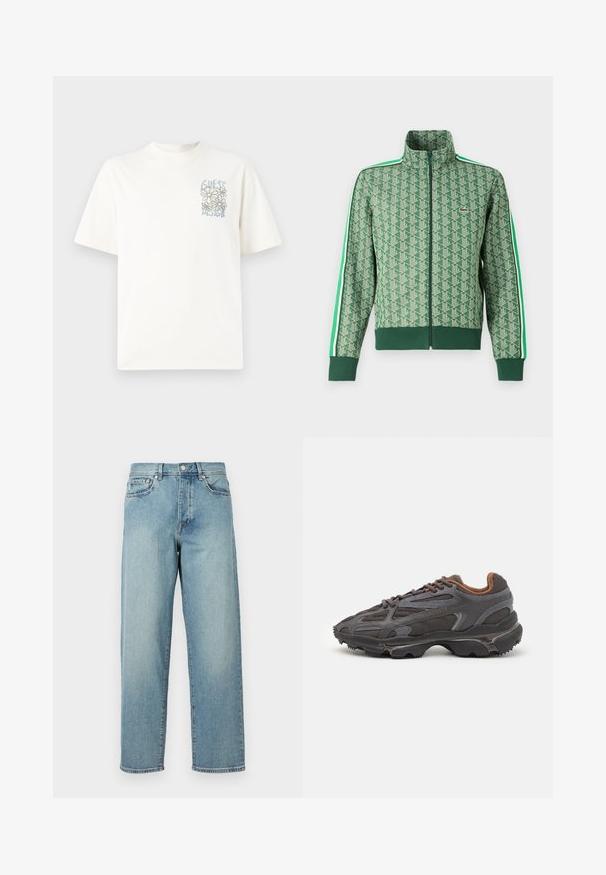 Zelená sportovní bunda se vzorem opakujících se geometrických tvarů, vysokým límcem, zipovým uzávěrem a kontrastními bílými pruhy po stranách rukávů.; Bílý bavlněný tričko s krátkými rukávy, s modrošedým květinovým vzorem a textem "GUESS DESIGN" v ilustrovaném stylu.; Svetle modré džíny s volným střihem, rovnými nohavicemi, designem s pěti kapsami a zapínáním na knoflík v pase. Minimalistické detaily šití.; Sněrovací boty Lacoste v tmavě šedé barvě s síťovinou a syntetickým materiálem, prezentující texturovanou podrážku a hnědé detaily na límci a logu.