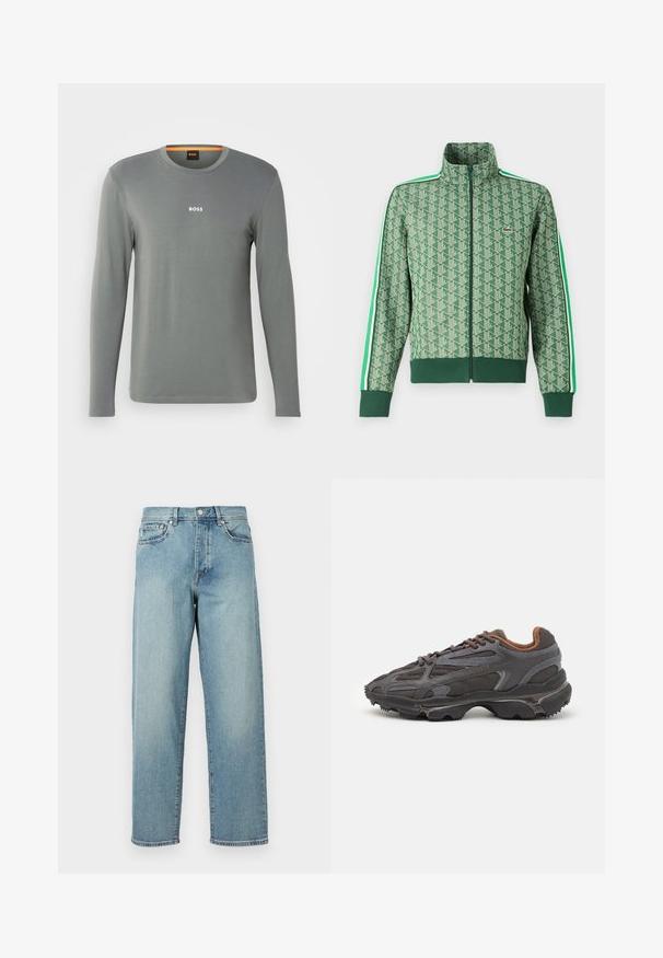 Grüne Sportjacke mit einem sich wiederholenden geometrischen Muster, hohem Kragen, Reißverschluss und kontrastierenden weißen Streifen an den Ärmeln.; Langärmliges Shirt aus hellgrauem Stoff, mit Rundhalsausschnitt und kleinem weißen "BOSS"-Logo auf der Brust, glatte Textur mit minimalen Details.; Hellblaue Denim-Jeans mit lockerer Passform, geraden Beinen, fünf Taschen im Design und einem Knopfverschluss an der Taille. Minimalistische Nähdetails.; Lacoste Sneaker in Dunkelgrau aus Mesh und Synthetikmaterial, mit einer strukturierten Sohle und braunen Akzenten am Kragen und Logo.