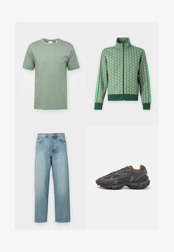 Groene sportjack met een herhalend geometrisch patroon, hoge kraag, ritssluiting en contrasterende witte strepen langs de mouwen.; GANT SHIELD - T-shirt basic - dry green; Lichtblauwe denim jeans met een losse pasvorm, rechte pijpen, een vijfzakkenontwerp en een knoopsluiting bij de taille. Minimalistische stikdetails.; Lacoste sneakers in donkergrijs van mesh en synthetisch materiaal, met een gestructureerde zool en bruine accenten op de kraag en branding.