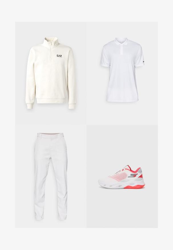 Cream-colored quarter-zip sweatshirt with long sleeves and EA7 Emporio Armani logo on the left chest against a plain background.; White, short-sleeve polo shirt made of synthetic fabric. Features a collared neckline and a black Nike logo on the left sleeve.; White trousers featuring a smooth fabric, slim fit design, and a flat front. No visible pockets or patterns. Clean hem at the ankles.; White athletic shoe with red accents, mesh upper, and cushioned sole featuring ventilation holes and a logo on the side.