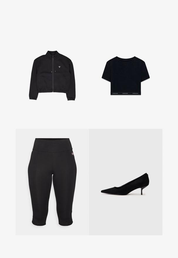 Svart zip-peppjacka i mjukt tyg, med hög krage, sidofickor och en liten triangulär logotyp på bröstet.; Svart kort t-shirt i mjukt material med korta ärmar och rund halsringning. Har ett märkesband i fållen med "GUESS JEANS" i vitt.; Svarta capri leggings tillverkade i stretchigt material. Hög midja med slät yta, åtsittande genom benen och med ankel-långa muddar.; Svart mocka hög klackskor med spetsig tå och en smal, låg klack. Slät textur med en elegant design, utan synlig hårdvara.
