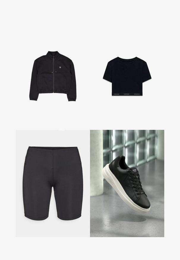 Zwarte ritsjack gemaakt van zachte stof, met een hoge kraag, zijzakken en een klein driehoekig logo op de borst.; Zwarte cropped t-shirt van zachte stof met korte mouwen en ronde hals. Heeft een merkband aan de onderkant met "GUESS JEANS" in het wit.; Even&Odd active LOW RISE CYCLING SHORTS
- Tights - black; Zwarte lage Guess sneakers met een witte zool, veters en merklogo op de zijkant en tong, weergegeven tegen een glazen blokwand achtergrond.