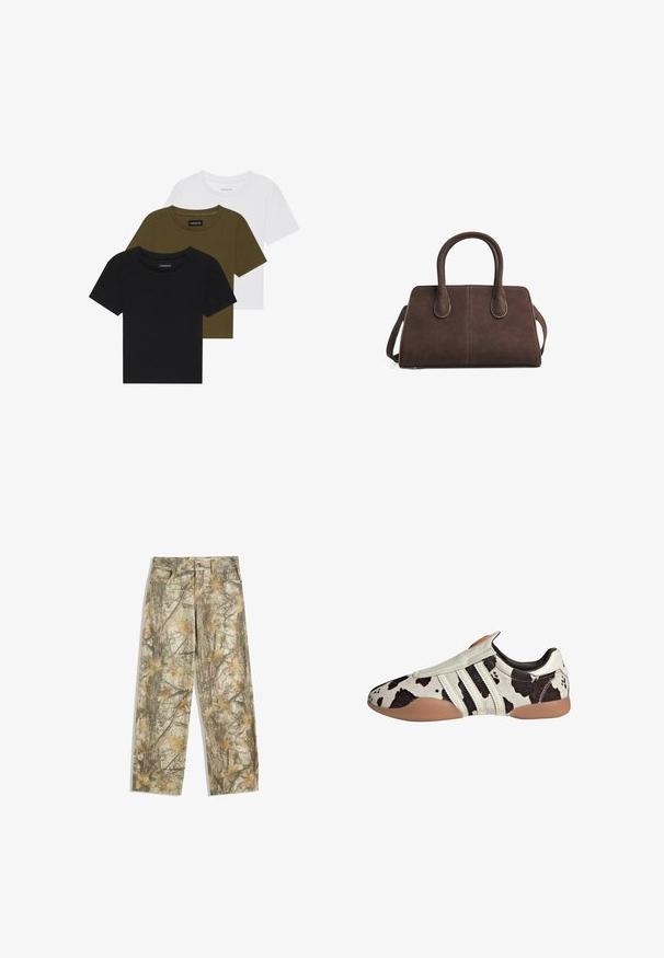 Kremowy kardigan na zamek z wysokim kołnierzem, z ciemnobrązowymi paskami po bokach, ściągaczami na mankietach oraz dwoma przednimi kieszeniami. Tekstura dziana.; Trzy koszulki z okrągłym dekoltem w kolorze czarnym, oliwkowozielonym i białym. Krótkie rękawy, prążkowane dekolty i dopasowany krój.; Spodnie w kamuflażu z wielotonowym zielonym i brązowym liściastym wzorem, z klasycznym pięciokomorowym krojem i luźnym fasonem.; Czarno-białe skórzane buty w wzory z teksturowanym wykończeniem, z trzema białymi poziomymi paskami i brązową gumową podeszwą.; Brązowa torebka z zamszu z podwójnymi uchwytami, zbudowana w sztywnym stylu oraz z odpinanym paskiem na ramię. Charakteryzuje się gładką teksturą i minimalnymi akcentami.
