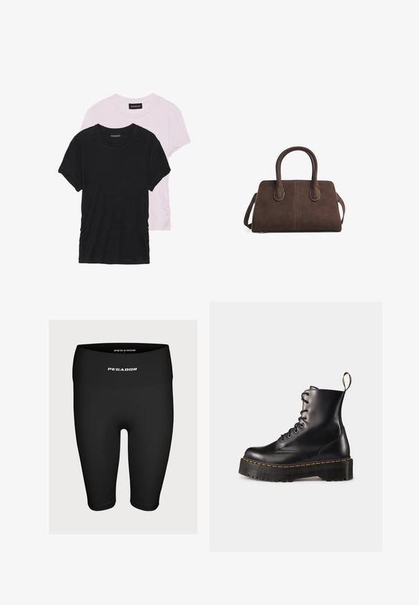 Kerman vetoketjuneule, jossa on korkea kaulus, tummanruskeat sivuhaitarit, ribbireunat ja kaksi etutaskua. Neulottu tekstuuri.; Kaksi T-paitaa: yksi musta ja yksi vaalea vaaleanpunainen. Molemmissa on pyöreät kaula-aukot ja lyhyet hihat, ja ne on valmistettu pehmeästä, kevyestä kankaasta.; Mustat urheilushortsit, jotka on valmistettu joustavasta kankaasta. Niissä on korkea vyötärö ja etuosassa valkoinen logo "PEGADOR".; Mustat nahkasaappaat, joissa on nyöritys nilkkoihin asti, paksu musta pohja ja keltaset ompeleet. Takana vetotappi ja pyöreät metalliset silmukat.; Ruskea mokkanahkainen käsilaukku, jossa on kaksinkertaiset ylhäältä tarttuvat kahvat, strukturoitu muotoilu ja irrotettava olkahihna. Ominaisuuksiin kuuluu sileä pinta ja minimaaliset yksityiskohdat.