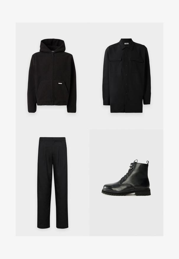 Hoodie zippé noir en polaire avec capuche, poche avant et tissu texturé. Présente une petite étiquette sur la poche.; Chemise noire à manches longues en tissu lisse, dotée d'un col classique, de deux poches devant et de poignets à boutons.; Pantalons noirs en tissu lisse, avec une coupe droite, deux plis avant et une taille standard avec passants de ceinture.; Botte noire en cuir à la cheville avec un bout rond, lacets sur le devant et semelle en caoutchouc texturée. Présente une languette au talon et des coutures contrastantes.