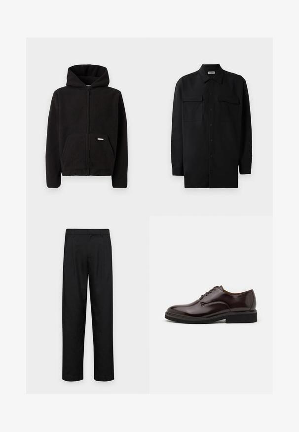 Hanorac negru din fleece, cu fermoar, gluga, buzunar frontal și țesătură texturată. Prezintă un mic eticheta pe buzunar.; Cămașă neagră cu nasturi, confecționată dintr-un material neted, având un guler clasic, două buzunare frontale și mâneci lungi cu manșete cu nasturi.; Pantaloni negri dintr-un material neted, cu un design drept, două pliuri frontale și un tiv standard cu bucle pentru curea.; Pantof brown din piele Oxford, cu un finisaj lucios, vârf rotund, design cu șireturi și o talpă groasă din cauciuc negru. Detaliu cusut pe partea superioară.