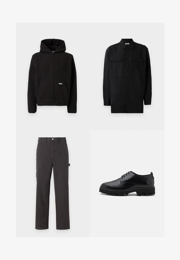 Melnas vilnas džemperis ar rāvējslēdzēju, kapuci, priekšējo kabatu un fakturētu audumu. Uz kabatas atrodas neliela etiķete.; Melnā pogu krekla, kas izgatavota no gludas auduma, ar klasisku apkakli, divām priekšējām kabatām un garām piedurknēm ar pogu aprocēm.; Tumši pelēki kokvilnas bikses ar taisna griezuma dizainu, ar priekšējo pogu aizdari un sānu kabatām, izgatavotas no izturīgas auduma.; Melnas ādas kurpes ar gludu virsmu, šņoru dizainu un biezām, robustām gumijas zolēm ar dziļiem protektoriem, lai nodrošinātu saķeri.