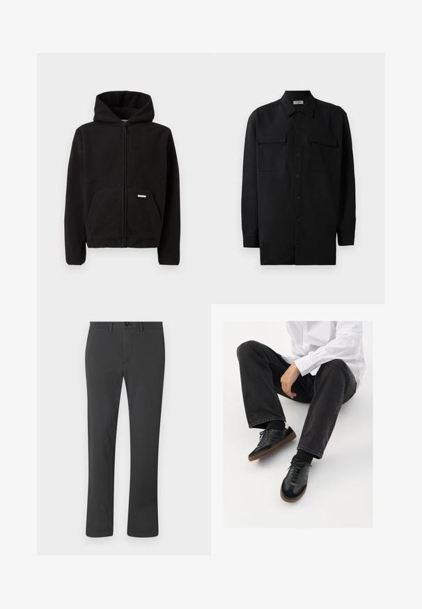 Hanorac negru din fleece, cu fermoar, gluga, buzunar frontal și țesătură texturată. Prezintă un mic eticheta pe buzunar.; Cămașă neagră cu nasturi, confecționată dintr-un material neted, având un guler clasic, două buzunare frontale și mâneci lungi cu manșete cu nasturi.; Pantaloni negri dintr-un material neted, cu un design drept, fermoar, sistem de închidere cu buton și bretele pentru curea. Stil de bază și funcțional.; Adidași negri cu un model neted și texturat, având o talpă din cauciuc și șireturi închise la culoare. Asortați cu blugi negri și o cămașă albă cu dungi.