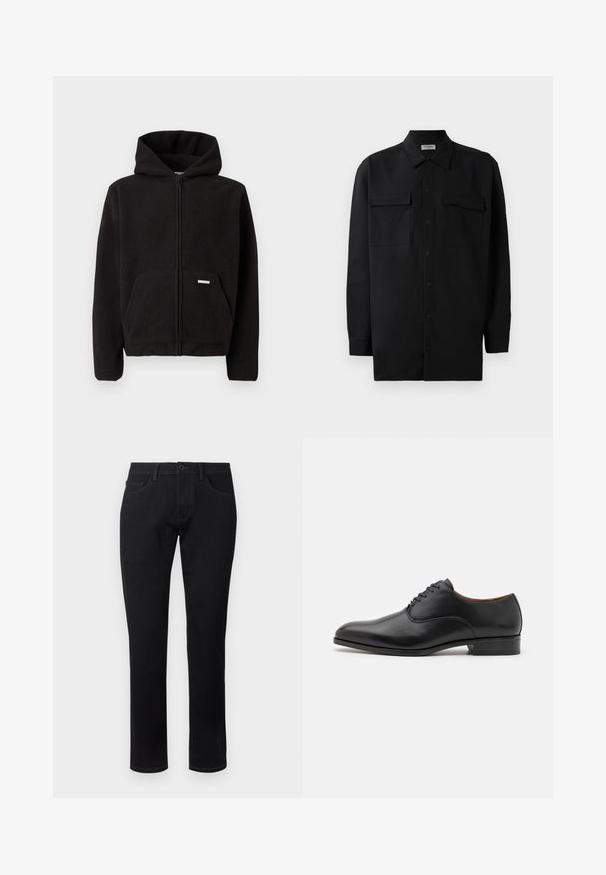 Svart fleece zip-up hettegenser med hette, frontlomme og teksturert stoff. Har en liten etikett på lommen.; Svart skjorte med knapper laget av glatt stoff, med klassisk krage, to frontlommer og lange ermer med knappe mansjetter.; TOM TAILOR TTJOSH Regular - Jeans slim fit - black denim; Sorte skinn sko med glatt overflate, spiss tå og seks snøringshull, med lav hæl og subtile sømdetaljer.
