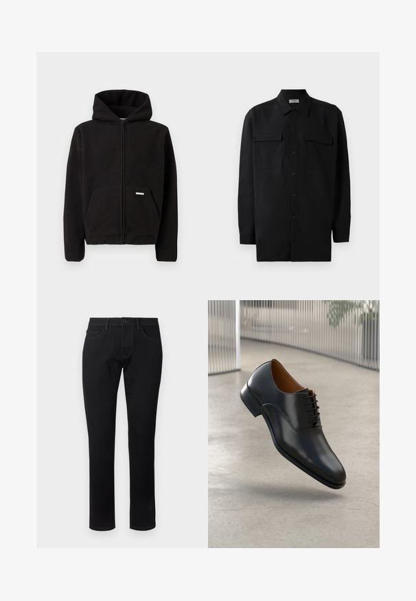 Sudadera con cremallera negra de forro polar, con capucha, bolsillo frontal y tejido texturizado. Presenta una pequeña etiqueta en el bolsillo.; Camisa negra de botones, fabricada en tejido suave, con un cuello clásico, dos bolsillos delanteros y mangas largas con puños de botón.; TOM TAILOR TTJOSH Regular - Vaqueros slim fit - black denim; Zapato de vestir de cuero negro con un acabado suave, punta afilada y diseño de cordones. Presenta una costura sutil a lo largo de la suela.