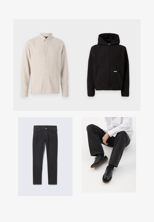 Fekete bolyhos zipzáros kapucnis pulóver, elülső zsebbel és textúrált anyaggal. A zseben egy kis címke található.; Krém színű, függőleges csíkos ing. Texturált anyagból készült, gallérral, hosszú ujjal és elöl gombos záródással.; Fekete farmernadrág, slim fit szabással, elülső zsebekkel, gombos záródással és finom varrási részletekkel az oldals seams mentén.; Fekete tornacipők sima és texturált felsőrészel, gumitalppal és sötét cipőfűzőkkel. Fekete farmernadrággal és fehér csíkos inggel párosítva.