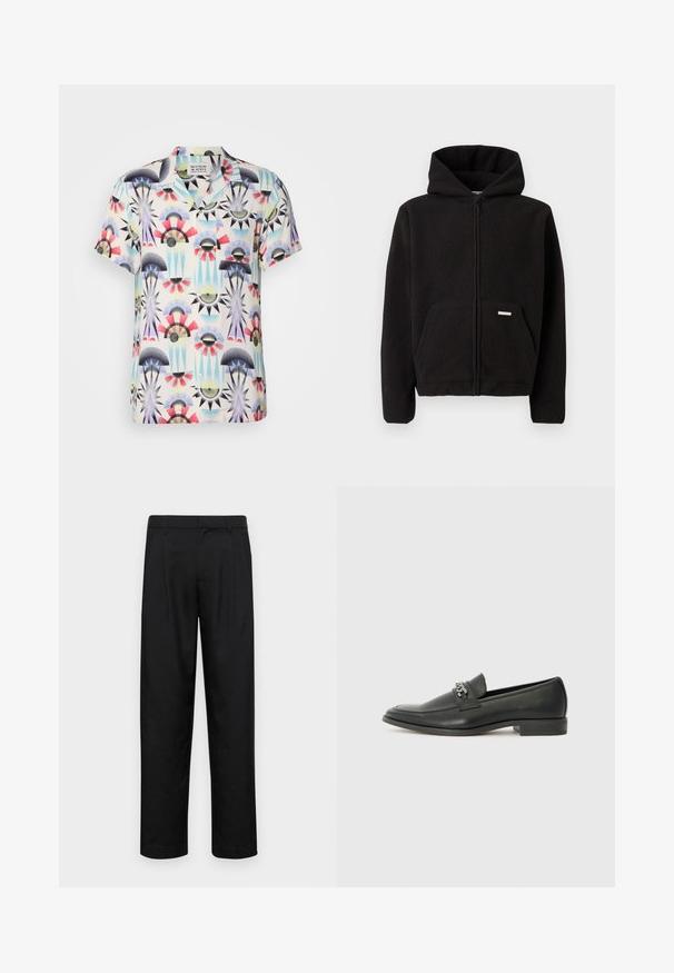 Czarna polarowa bluza z kapturem na zamek, z przednią kieszenią i teksturowanym materiałem. Posiada małą metkę na kieszeni.; Koszula z krótkim rękawem wykonana z lekkiego materiału, z kolorowym geometrycznym wzorem i czarnymi, czerwonymi oraz niebieskimi akcentami na jasnym tle.; Czarne spodnie wykonane z gładkiego materiału, z prostą nogawką, dwoma fałdami z przodu oraz standardowym paskiem z wypustkami na pasek.; Czarne skórzane mokasyny o gładkim wykończeniu, z haftowanym wzorem i dekoracyjnym akcentem z metalowego łańcucha na wierzchu. Płaska pięta.