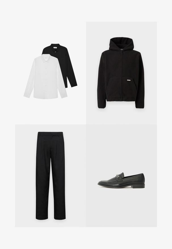 Svart fleece zip-up hettegenser med hette, frontlomme og teksturert stoff. Har en liten etikett på lommen.; Hvite og svarte langermede skjorter med spisse krager, frontknapper og en glatt tekstur. Merker synlige på innsiden av halsen.; Sorte bukser laget av glatt stoff, med rette ben, to frontfoldninger og standard liv med beltehemper.; Sorte skinnloafers med en glatt finish, og med en sydd design og en dekorativ metallkjedeakcent over foten. Flat hæl.