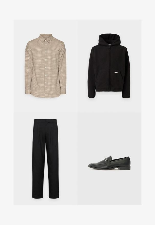 Must mustaga, millel on kapuuts, ees tasku ja tekstureeritud kangas. Taskul on väike silt.; Pruun nööbiga särk väikese valge geomeetrilise mustriga, pika varrukaga ja terava kraega. Omab kumerat äärt ja standardset nööbikinnitust.; Mustad mustadest riietest, millel on sirge jalgade disain, kaks eesmist voltimist ja tavaline vöökoht, millel on vöökohad.; Must haveate nahkking punased, millel on sile viimistlus, tikitud muster ja dekoratiivne metallkett vampi üle. Tasane konts.