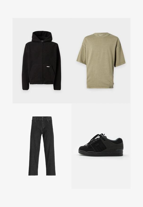 Sort fleece zip-hoodie med hætte, frontlomme og struktureret stof. Har et lille mærke på lommen.; Oliven grøn kortærmet t-shirt lavet af blødt stof, med rund hals og en afslappet pasform med syede kanter.; Sorte denim jeans med lige ben-design, som har lynlås, bæltestropper og seks lommer, lavet af et robust bomuldsblandingsstof.; Sort sneaker med overdel i ruskind og tekstil, der har teksturerede detaljer, polstret krave, snørebånd og en gummisål med logodetalje.