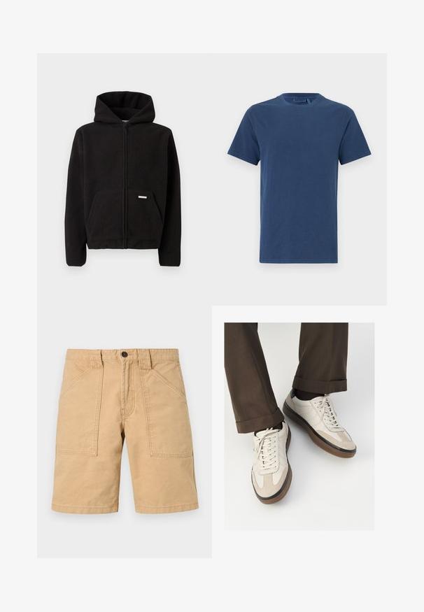 Melnas vilnas džemperis ar rāvējslēdzēju, kapuci, priekšējo kabatu un fakturētu audumu. Uz kabatas atrodas neliela etiķete.; Tumši zila kokvilnas T-krekls ar apaļu kaklu, īsām piedurknēm un taisnu griezumu. Gluda tekstūra, nav redzamu rakstu vai rotājumu.; Khaki šorti no kokvilnas ar raupju tekstūru, ar divām priekšējām kabatām un pogu aizdari jostasvietā.; Beidzī lasi ar strukturētu zamšādu priekšpusi, gludiem ādas sāniem un brūnu gumijas zoli. Iekļauti auklas un viegla šuvuma detaļas.
