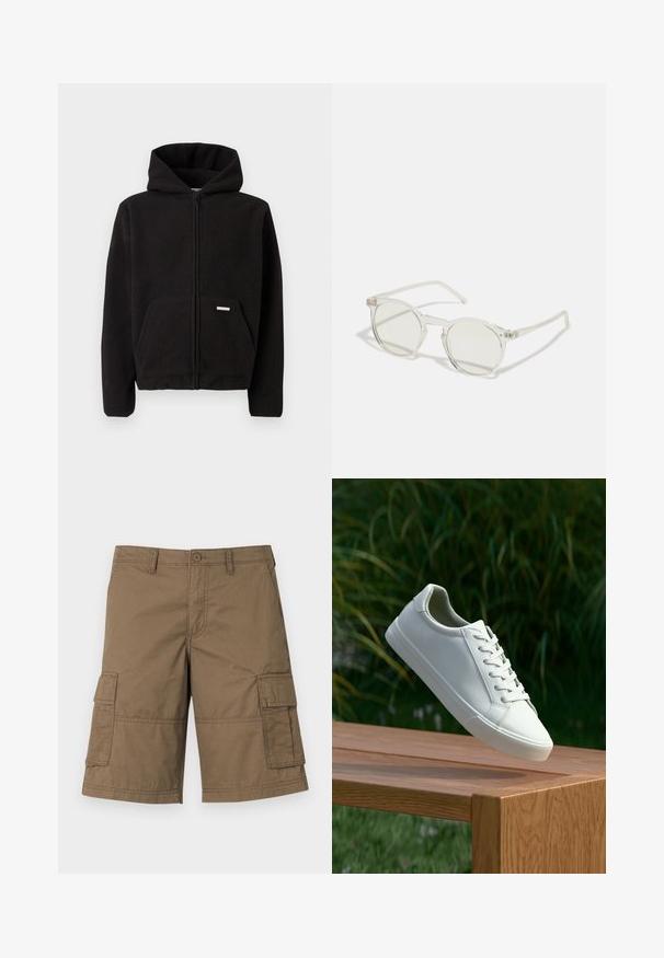 Černá fleecová mikina na zip s kapucí, přední kapsou a texturovaným materiálem. Má malou nášivku na kapse.; Bílý bavlněný tričko s krátkými rukávy a kulatým výstřihem. Obsahuje centrální černou grafiku motýla se vzorem plamenů. Hladká textura.; Hnědé bavlněné cargo šortky s několika bočními kapsami, uzávěrem na knoflík a prošívanými detaily. Klasický design až ke kolenům.; Bílé šněrovací tenisky, které se vznášejí nad dřevěnou lavicí, s zeleným listím v pozadí, předvádějící design a strukturu boty.; Kulaté sluneční brýle s průhledným rámem, světle zelenými čočkami a tenkými, průhlednými bočními částmi. Rám má jemné kovové akcenty.
