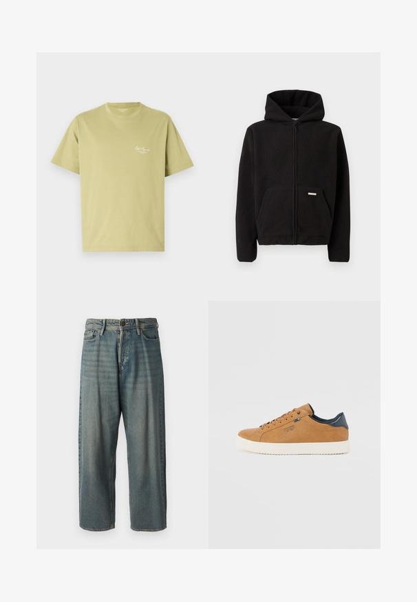 Crna dukserica s patentnim zatvaračem, kapuljačom, prednjim džepom i teksturiranim materijalom. Sadrži malu oznaku na džepu.; Svijetlozelena pamučna majica s kratkim rukavima, okruglim izrezom i malim bijelim logotipom na lijevoj strani prsa.; Svijetloplave traperice s širokim krojem, srednjim pojasom i ravnim nogavicama. Ima pet džepova, petlje za remen i kopčanje na gumb.; Smeđe kožne tenisice s bijelim gumiranim potplatom, s okruglim vezicama, plavim naglaskom i glatkom teksturom. Jednostavan, niskoprofilni dizajn.