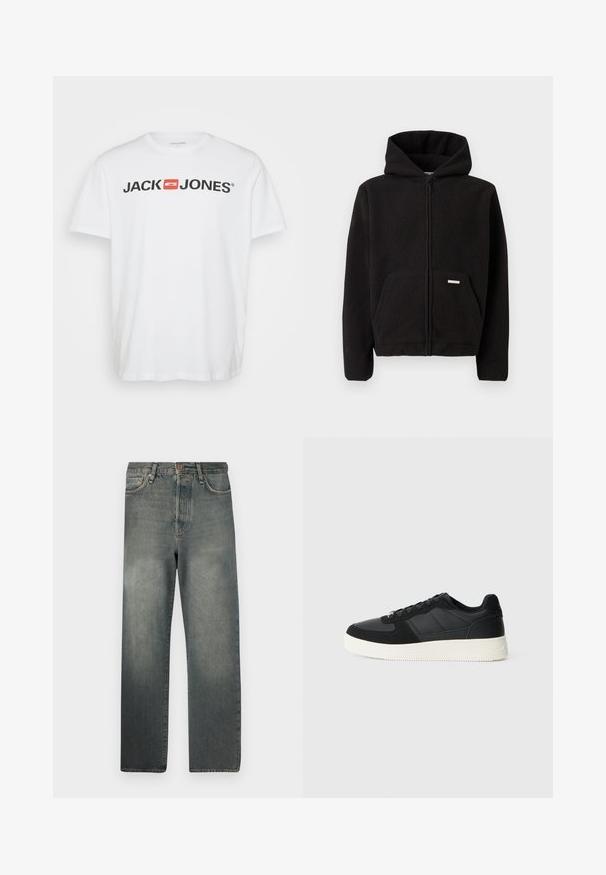 Juodas flisinis užtrauktukas su gobtuvu, priekinė kišenė ir tekstūruota medžiaga. Yra mažas etiketė kišenėje.; Balta medvilninė marškinėliai su juodu „JACK & JONES“ logotipu ir raudonu stačiakampiu akcentu. Trumpomis rankovėmis ir apvaliu iškirpimu. Lygus paviršius.; Jack & Jones JJIALEX JJCOOPER - Platūs džinsai - black denim; Juodos žemos kedai iš tekstūruotos odos ir zamšo plokštelių, su balta guma priekiu ir juodomis raištelėmis ant vientiso šviesaus fono.
