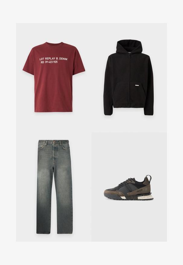 Černá fleecová mikina na zip s kapucí, přední kapsou a texturovaným materiálem. Má malou nášivku na kapse.; Bordové tričko vyrobené z bavlny, s tučným bílým nápisem: "LOT REPLAY B. DENIM RD 39 423 925" na hrudi. Krátké rukávy, kulatý výstřih.; Jack & Jones JJIALEX JJCOOPER - Baggy džíny - black denim; Replay FIELD JUPITER CRAFT - Tenisky - black/dark grey