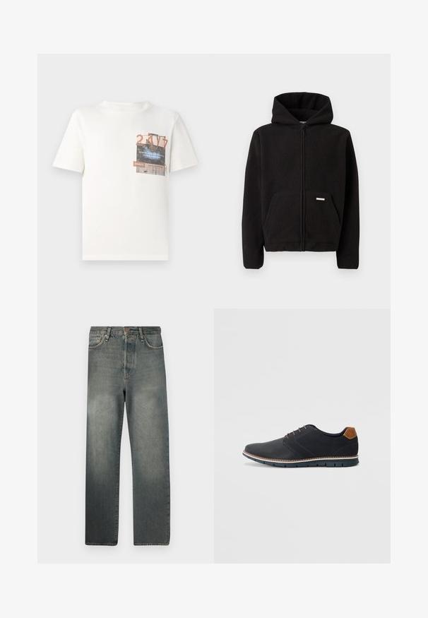 Melnas vilnas džemperis ar rāvējslēdzēju, kapuci, priekšējo kabatu un fakturētu audumu. Uz kabatas atrodas neliela etiķete.; TOM TAILOR DENIM Apdrukāts T-krekls - gardenia white; Jack & Jones JJIALEX JJCOOPER - Plati džinsi - black denim; Melni sintētiskie apavi ar struktūru augšdaļā, gludu akcentu, brūnu papēdi un kontrastējošu zoli. Iezīmē minimālu šņorēšanu un šuvju detaļas.