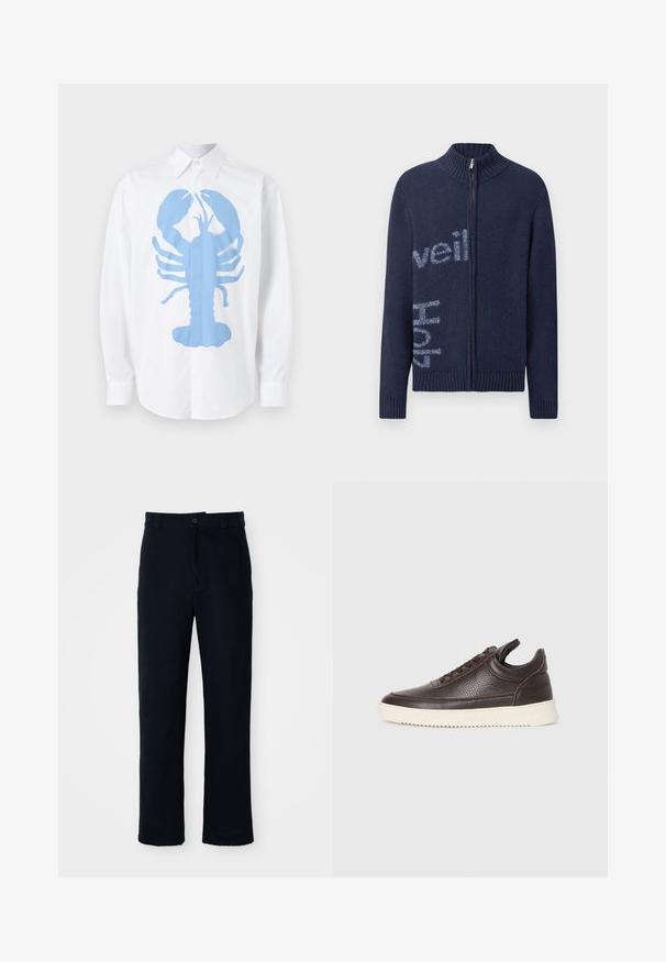 Marineblaue Zip-Jacke mit geripptem Kragen und Bündchen, auf der Vorderseite mit hellblauer Schrift. Weicher Stoff und bequeme Passform.; Weißes Langarmshirt mit einem großen blauen Hummer-Graphic auf der Vorderseite. Das Shirt hat einen klassischen Kragen und Knopfmanschetten.; Dunkelblaue Baumwollhosen mit geradem Bein, einem Frontknopfverschluss und einem klassischen Bund mit Gürtelschlaufen.; Dunkelbraune, strukturiert Leder-Sneaker mit Schnürung und weißer, gerippter Gummisohle vor einem schlichten, hellen Hintergrund.