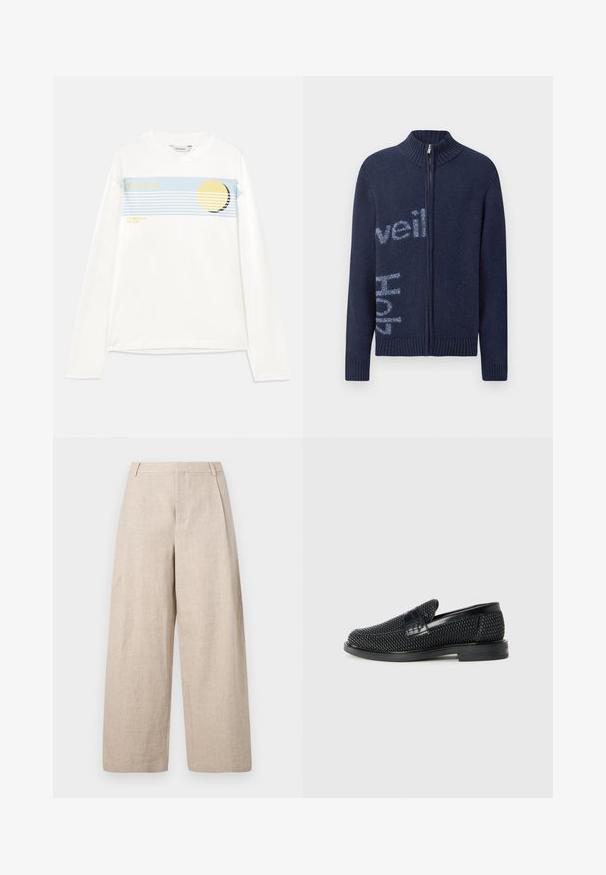 Marineblaue Zip-Jacke mit geripptem Kragen und Bündchen, auf der Vorderseite mit hellblauer Schrift. Weicher Stoff und bequeme Passform.; Weißes Langarmshirt mit blauer Grafikstreifen, gelbem kreisförmigem Design und den Aufschriften "Holzweiler" und "SUMMER 25 THE SUN." Aus weichem Baumwollmaterial.; Holzweiler ALEX ONE PLEAT TROUSER - Stoffhose - ecru; Schwarzer geflochtener Slipper mit einem glatten Lederakzent im Obermaterial, einem runden Zehendesign und einer flachen Gummisohle.