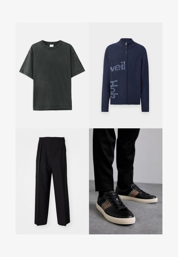 Tamsiai mėlynas zip-up megztinis su grioveliais ant apykaklės ir rankovių, išsiskiriantis šviesiai mėlynu tekstu priekyje. Minkšta tekstūra ir laisvas siluetas.; Tamsiai pilkas medvilnės marškinėliai trumpomis rankovėmis, su apvaliu kaklu ir subtiliu prekės ženklu. Lygus paviršius su laisvu siluetu ir tiesia apatine dalimi.; Juodi klostuoti kelnių, su tiesiu, plačiu kojų dizainu. Pagaminti iš lygios medžiagos, su mygtukų uždarymu ir diržo kilputėmis.; Juodi odiniai sportbačiai su daugiaspalviais juostuotais akcentais, apvaliu pirštu ir baltais gumos padais, su raišteliais ir įspaustu ženklu.