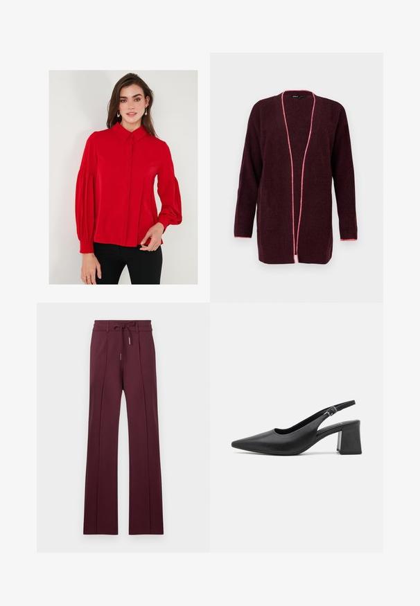 Bordó kötött kardigán hosszú ujjal és nyitott elejével, rózsaszín szegéllyel a szélek mentén és texturált mintával.; Vörös, hosszúujjú blúz gombos elülső résszel, gallérral és dús ujjal. Simább szövet, formás derékkal és enyhe ráncolással a mandzsettákon.; Burgundi színű, laza szabású nadrág, puha anyagból készült, amelynek húzózsinóros derékrésze és elülső redőzete van. Kényelmes, lapos aljjal és sima textúrával.; Fekete bőr, hátrahúzott sarkú cipő hegyes orral és vastag blokkf dấu. Állítható heveder fém csattal.