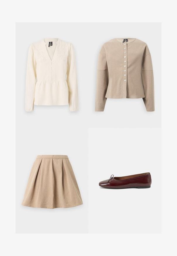 Bēšs adīts kardigans ar apaļu izgriezumu, priekšā ar pogām un garām piedurknēm. Teksturēts audums ar smalku rakstu.; Kremkrāsas blūze ar garām piedurknēm, V veida kakla izgriezumu, pogu priekšpusi un ziedu izšuvumiem uz pleciem un krūšu zonas.; Brūna plīšu svārku, kas izgatavota no teksturēta auduma, ar pieguļošu jostas daļu un izplestu dizainu, kas sasniedz vidusceli.; Burgundijas laku ādas baleta kurpes ar noapaļotu purngalu, nelielu loku akcentu priekšā un zemu melnu gumijas zoli. Gluda tekstūra.